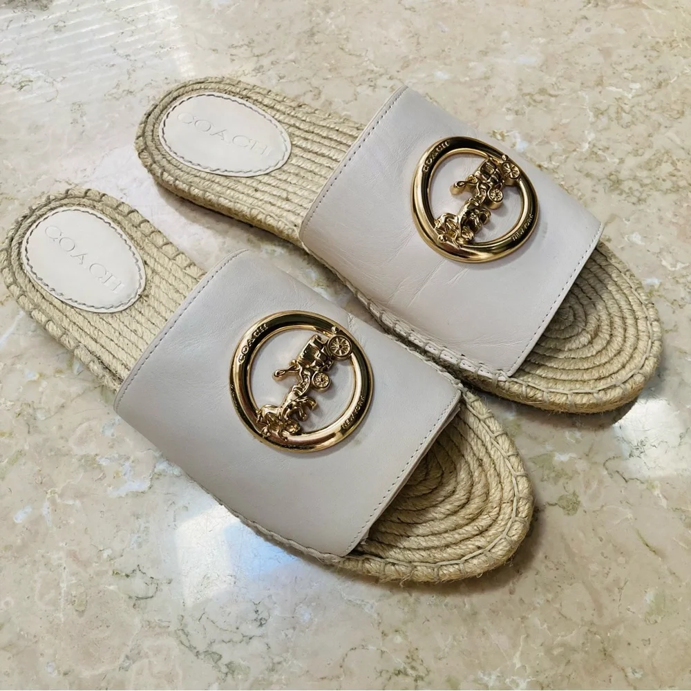Coach White Leather Espadrille Slide Sandals with Gold Logo
